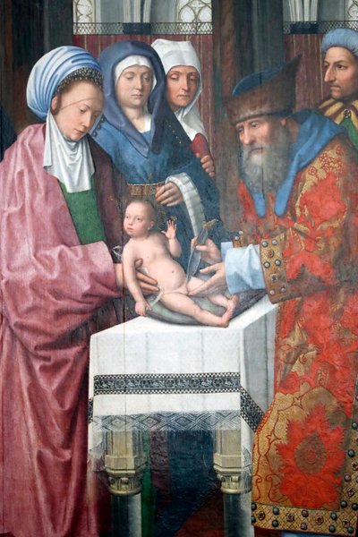 Evora museum. Mesteren av Evora-altertavlen. Kristi omskjæring. Olje på panel. Flamsk skole 1500. Portugal. av Master of the Evora Altarpiece