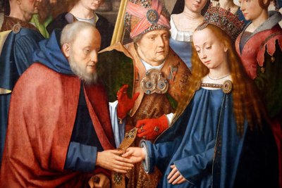 Evora museum. Mesteren av Evora-altertavlen. Bryllupet til Jomfruen og Josef. Olje på panel. Flamsk skole 1500. Portugal. av Master of the Evora Altarpiece
