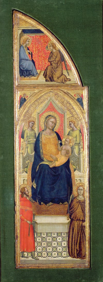 Jomfru Maria og barnet på tronen (olje på panel) av Master of the Fabriano Altarpiece (attr. to)