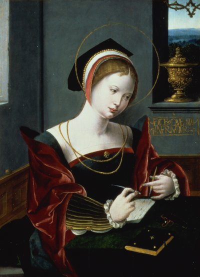 Portrett av en dame som skriver av Master of the Female Half Lengths