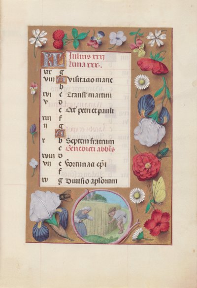 Hours of Queen Isabella the Catholic, Queen of Spain: Fol. 8r, juli - Høsting av hvete, ca. 1500. av Master of the First Prayerbook of Maximillian