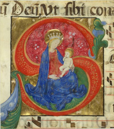 Manuskriptbelysning med jomfruen og barnet i en innledende S, fra et antifonarium, midten av 1400-tallet av Master of the Franciscan Breviary