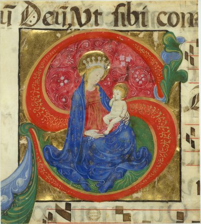 Manuskriptbelysning med jomfruen og barnet i en innledende S..., midten av 1400-tallet. av Master of the Franciscan Breviary