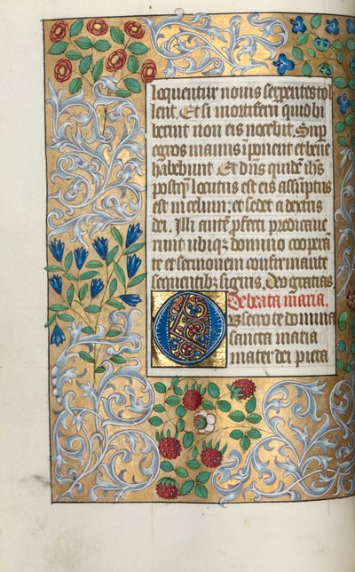 Timebok Bruk av Rouen: fol. 18v, stor initial O med forseggjort kant, ca. 1470. av Master of the Geneva Latini