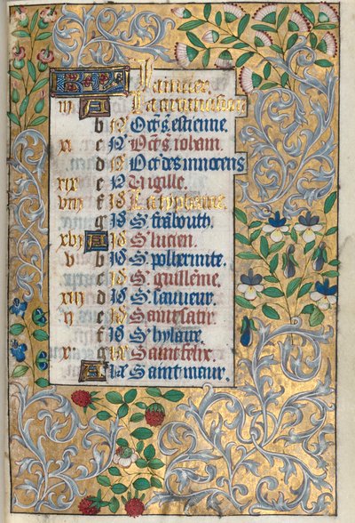 Timebok Bruk av Rouen: fol. 1r, forseggjort foliated kant, ca. 1470. av Master of the Geneva Latini