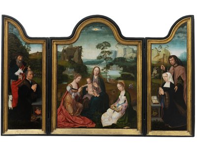 Jomfru og barn med St. Catherine og St. Barbara, ca. 1520-25 (olje på panel) av Master of the Holy Blood