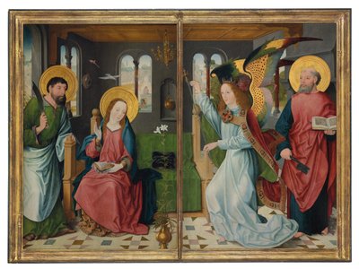Bebudelsen, med de hellige Bartholomew og Peter, to vinger fra en altertavle av Master of the Holy Kinship