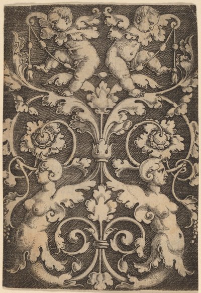 Oppreist ornament med to sirener av Master of the Horse Heads