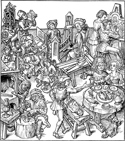 Merkur og hans barn. Illustrasjon fra Husboken, 1480-tallet av Master of the Housebook