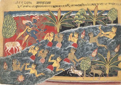 The Gopis ber Krishna om å returnere klærne sine..., ca. 1560-65. av Master of the Isarda