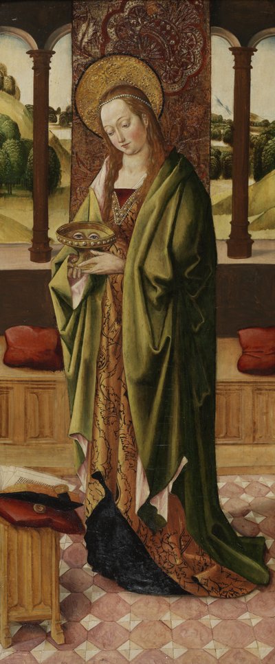 Triptych of Virgin and Child with Two Angels, detalj av St. Lucy fra høyre panel, ca. 1500 (se også 225326, 225327) av Master of the Lee Triptych Master of the Lee Triptych