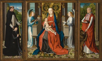 Triptykon av Madonna og barnet med engler; giveren og hans skytshelgen Peter Martyren; og den hellige Jerome av Master of the Legend of Saint Lucy