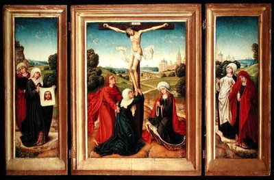 Triptyk med midtpanelet som viser korsfestelsen med jomfruen, St. Johannes og Maria Magdalena; venstre fløy: St. Veronica og en kvinnelig hellig; og høyre ving: The Two Marys (olje på panel) av Master of the Legend of St. Catherine