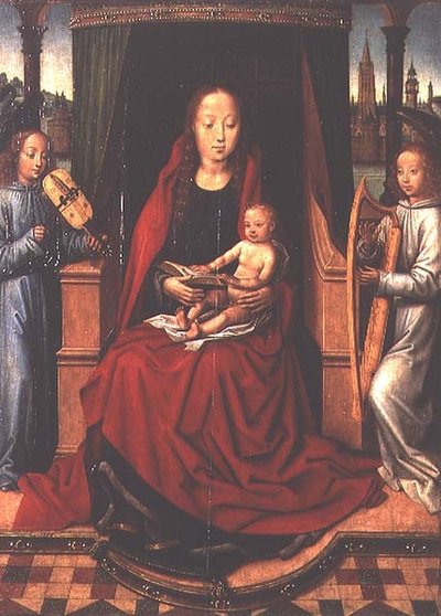 Madonna og barn med to musikalske engler av Master of The Legend of St. Lucy