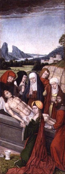 The Entombment (grisailleoljer på panel) av Master of the Legend of St. Ursula (circle)