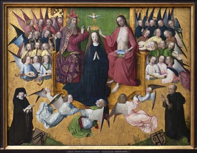 Kroningen av Maria. Representasjon av Den Hellige Treenighet: Gud, Jesus Kristus og Den Hellige Ånds due (Den Hellige Ånd). Maleri av Master of the Passion of Lyversberger (aktiv 1460-1490), olje på tre, tidlig tysk kunst 1400-tallet. München, Alte av Master of the Lyversberg Passion