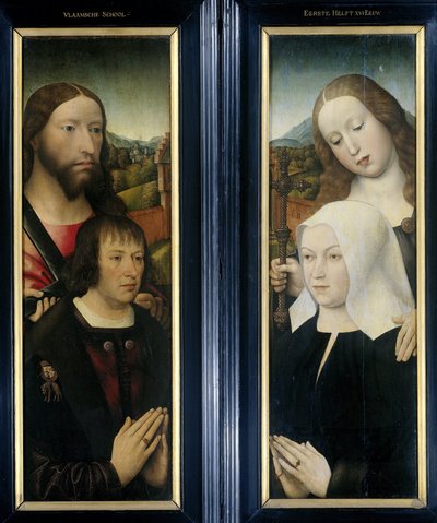 Two Wings of a Triptych with the Donor, Thomas Isaacq, akkompagnert av Saint Thomas (venstre, ytre fløy), og giverens kone akkompagnert av Saint Margaret (høyre, ytre fløy) av Master of the Magdalen Legend