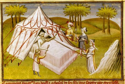 Den mongolske lederen Gengis Khan på dødsleiet og ga sine siste anbefalinger til sønnene sine, ca. 1410 (miniatyr) av Master of the Mazarine