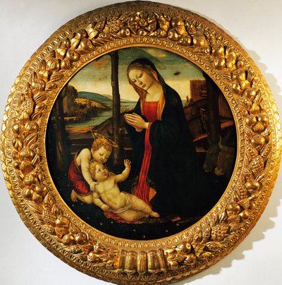 Madonna og barn med spedbarnet Saint John the Baptist, maleri tilskrevet Mesteren av Tondo Miller (slutten av 1400-tallet). av Master of the Miller Tondo (attr. to)