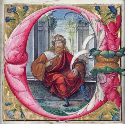 Historikert initial C eller O som viser kong David av Master of the Monogram B.F
