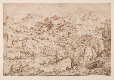 Landskap med en kunstner som skisserer, ca. 1606-08 (penn og blekk og svart kritt på papir) av Master of the Mountain Landscapes