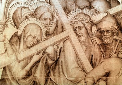 Parementet til Narbonne: Kristus som bærer sitt kors (grisaille på silke av Master of the Parement of Narbonne