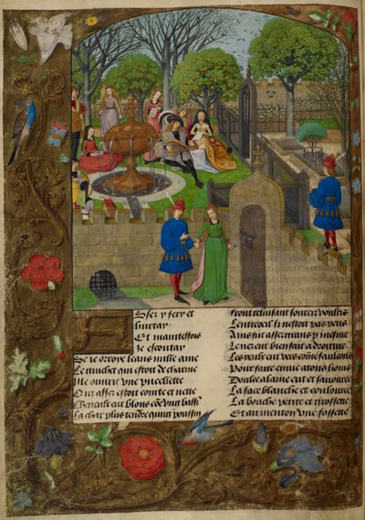 Harley_4425_f12v Lutenist og sangere i en inngjerdet hage. The Lover and Dame Oyseuse (Lediggang) utenfor hageveggene, illustrasjon fra 'Roman de la Rose', av Guillaume de Lorris av Master of the Prayer Books