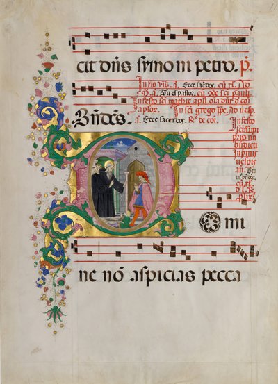 Manuskriptblad med Saint Benedict gjenoppliving av en gutt i en første D..., andre halvdel av 1400-tallet av Master of the Riccardiana Lactantius
