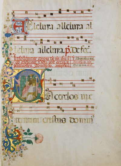 Manuskriptblad med feiring av en messe i en innledende S..., andre halvdel av 1400-tallet. av Master of the Riccardiana Lactantius