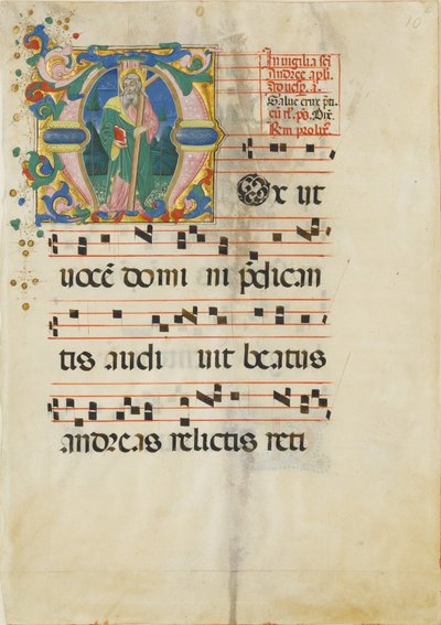 Manuskriptblad med St. Andreas-festen i en innledende M ..., andre halvdel av 1400-tallet. av Master of the Riccardiana Lactantius