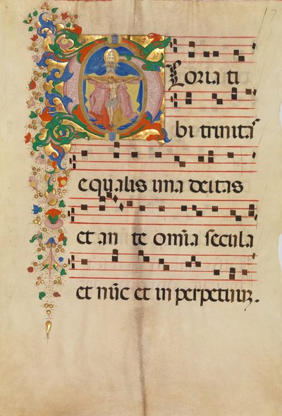 Manuskriptblad med treenigheten i en innledende G, fra en Antiphonary, andre halvdel av 1400-tallet. av Master of the Riccardiana Lactantius