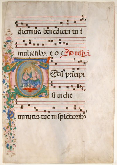 Manuskriptblad med treenigheten i en innledende T, fra en Antiphonary, andre halvdel av 1400-tallet. av Master of the Riccardiana Lactantius