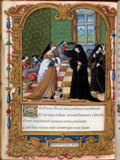 Margarita av Angoulema (1492-1549) Dronningen av Navarre presenterer boken sin til hertuginnen av Etampes og favoritten til Francois I Anne Pisseleu. Side hentet fra manuskriptet "" La coche ou Debat d