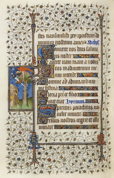 Ms 62 f.132v Bevinget figur i en tretopp med bok gjennomboret av et sverd, fra 