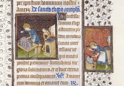 Ms 62 f.215r St. Eligius gjør en helligdom; St. Eligius ved en ambolt, fra en timebok av Master of the Rohan Hours