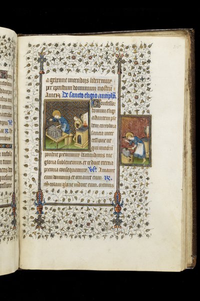Ms 62 f.215r St. Eligius gjør en helligdom; St. Eligius ved en ambolt, fra en timebok, ca. 1445-50 (vellum) av Master of the Rohan Hours