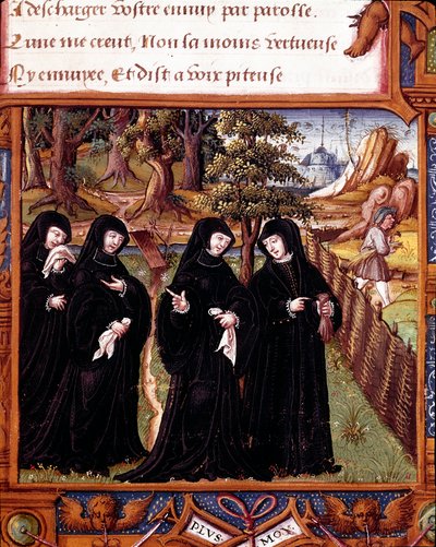 Representasjon av dronningen av Navarra Margarita av Angoulema (1492-1549) som snakker med sine ledsagere. Side hentet fra manuskriptet "" La coche ou Debat d