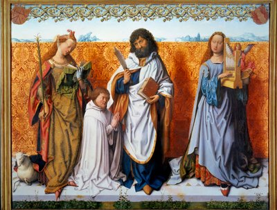 Sentralpanel på alteret til Saint Bartholome: Saint Agnes, Bartholome og Saint Cecile med en giver. Maleri av Mesteren av St. Bartholoma (1500-tallet) Ec. Alle. av Master of the St. Bartholomew Altarpiece