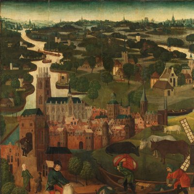 St. Elizabeths dagflommen Utvendig venstre fløy på en altertavle med Saint Elisabeth-flommen, 18.–19. november 1421, med byen Dordrecht i bakgrunnen av Master of the St Elizabeth Panels