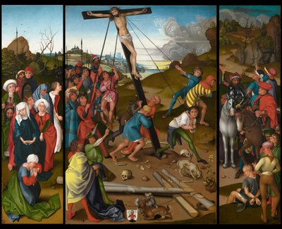 The Raising of the Cross [senter, venstre og høyre paneler] av Master of the Starck Triptych