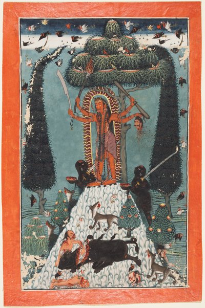 Gudinnen Kali står på en fjelltopp, ca. 1730. av Master of the court of Mandi