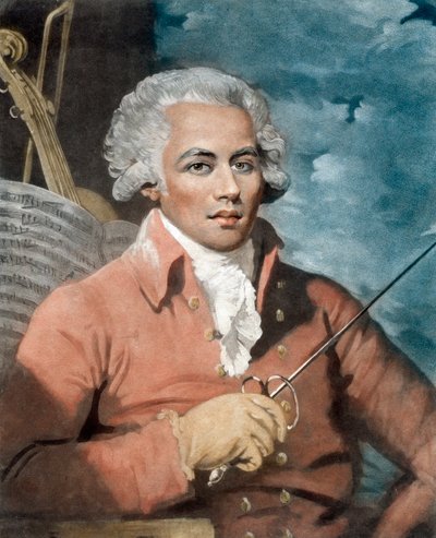 Joseph Boulogne (1748-99), ridder av Saint George; sønn av en fransk plantasjeeier i Guadeloupe og en slave, Nanon, av afrikansk opprinnelse - Portrett av Joseph Boulogne (1748-1799), Chevalier de Saint Georges (Saint-Georges), komponist av Guadeloupe-oppr av Mather (after) Brown