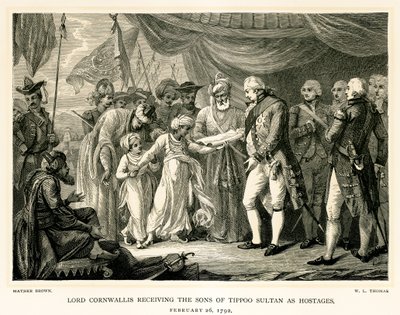 Lord Cornwallis mottar sønnene til Tippoo Sultan som gisler av Mather Brown