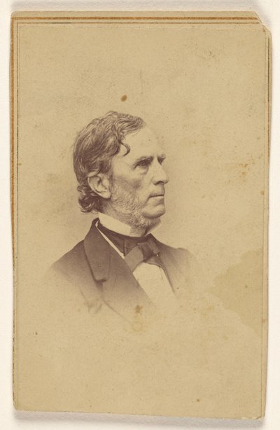 Uidentifisert mann med grånende skjegg, uten bart, i profil, trykt i vignetstil av Mathew B. Brady