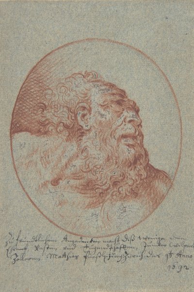 Hodet til en skjegget mann som ser rett, 1692. av Mathias Fussli