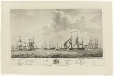 Den nederlandske krigsflåten utenfor Rammekens, 1782-1783 Utsikt over de nasjonale krigsskipene, under kommando av kontreadmiralen, van Kruyne, på veien til Rammekens, i den Jaare 1782 og 1783 (tittel på objekt) av Mathias de Sallieth