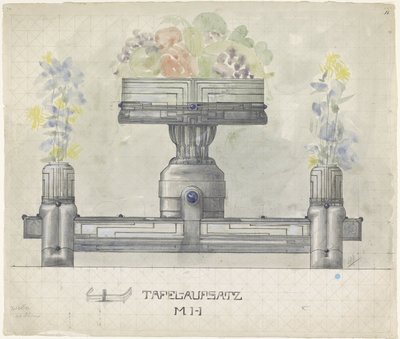 Design for et bord i sølv, dekorert med blomster og frukt av Mathieu Lauweriks