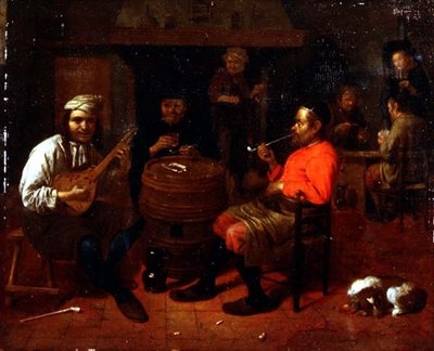 Et tavernainteriør med mandolinspiller av Mathijs Wulfraet