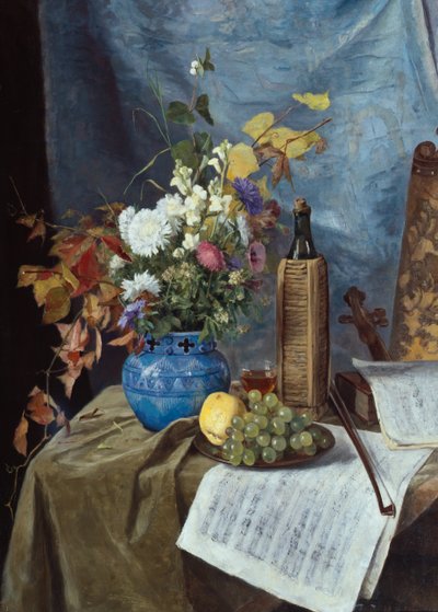 Opplegg med vinflaske, blomster og frukt av Mathilde Dietrichson