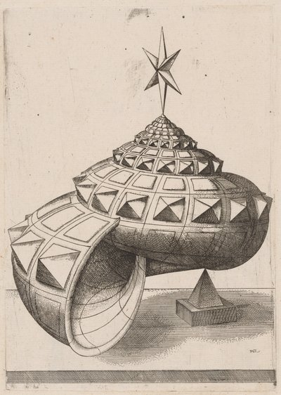 Et perspektiv av et fasettert sneglehus balansert på en pyramide av Mathis Zündt, after Hans Lencker